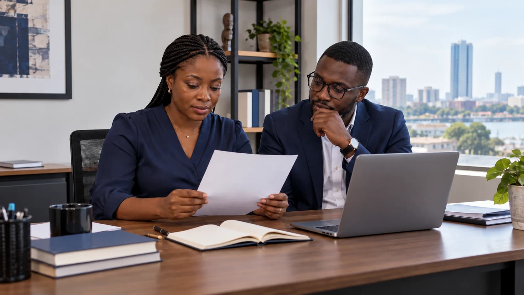 Two colleagues reviewing a document beside a laptop and open notebook
