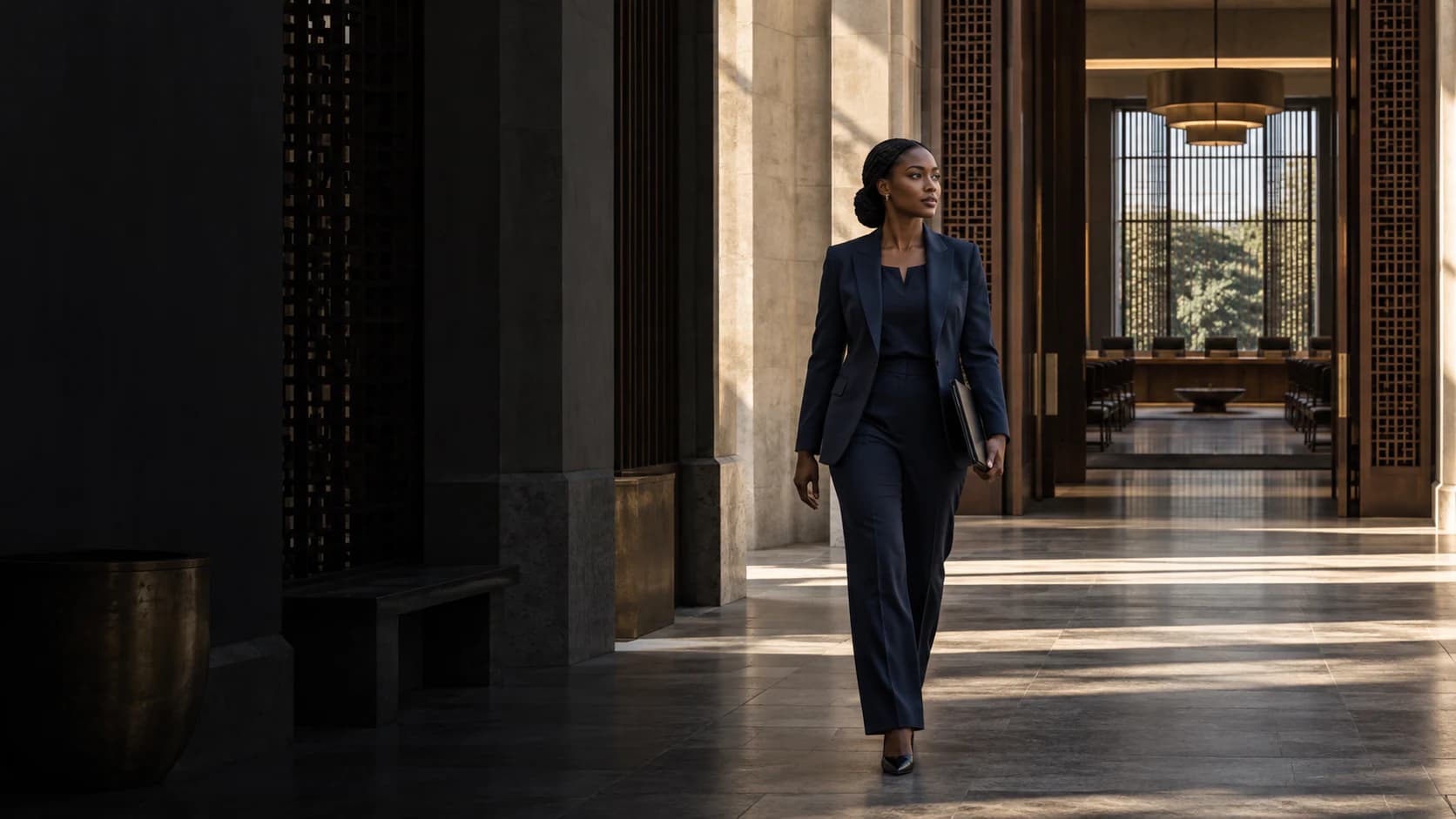 A policy advisor walking through an institutional corridor toward a consultation chamber