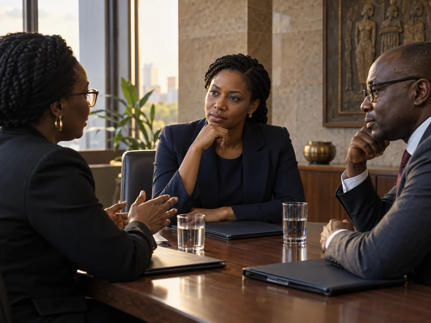 A policy liaison listening to public-sector counterparts around a conference table