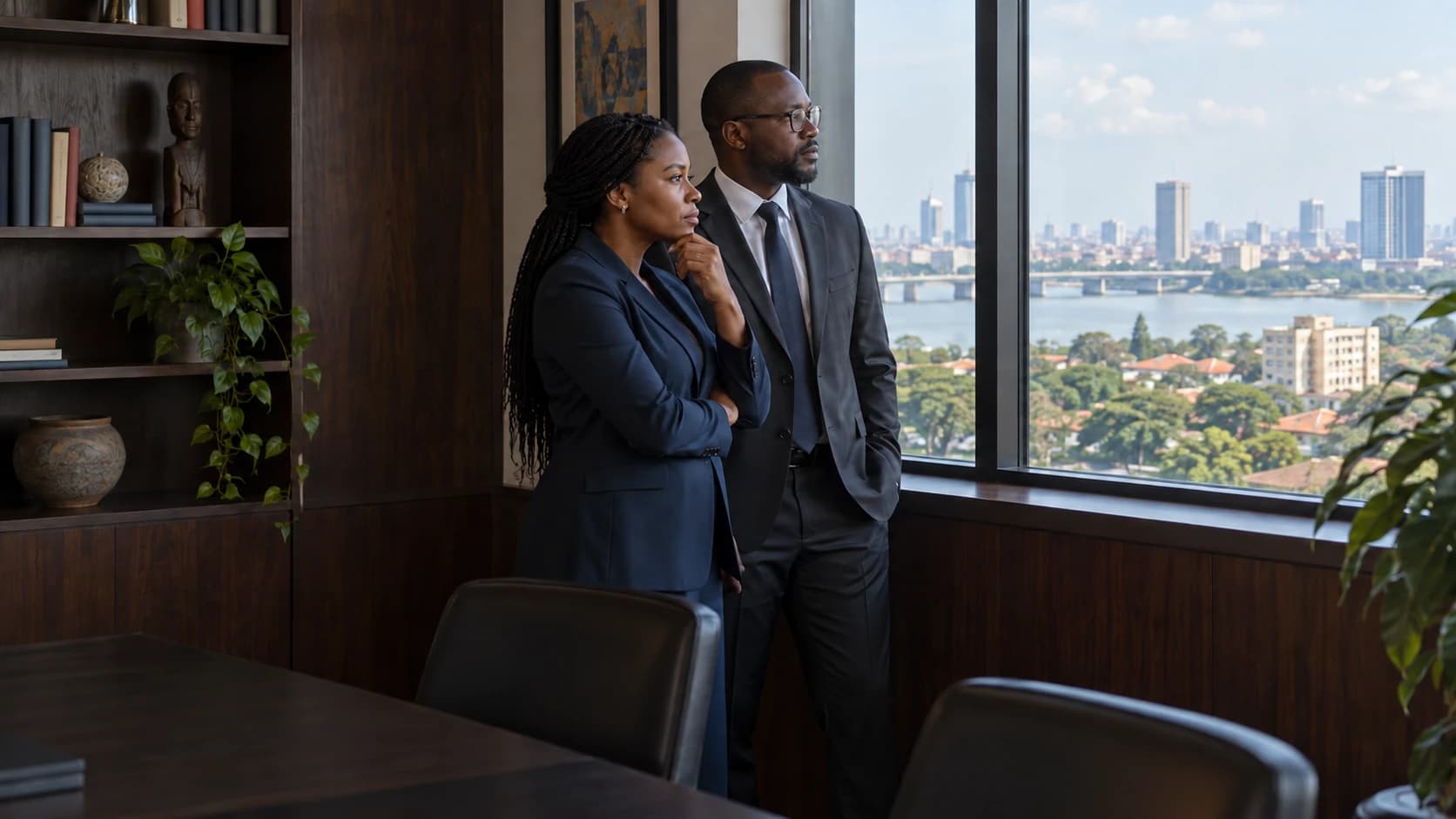 Two professionals looking through an office window toward a coastal city